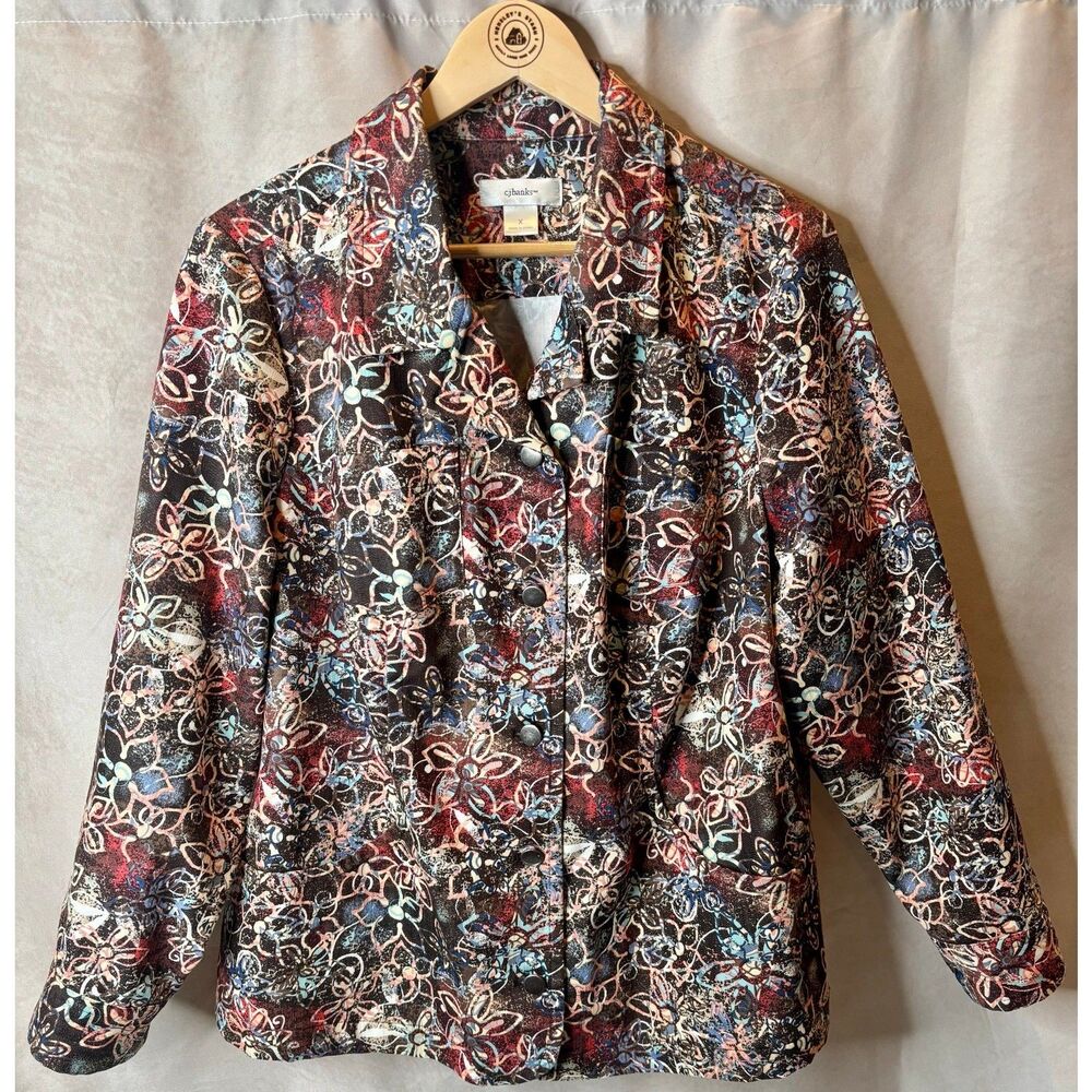 CJ Banks Floral Stretch Jacket Blazer 14W Plus Size Cotton Blend Button Front - Picture 1 of 4
